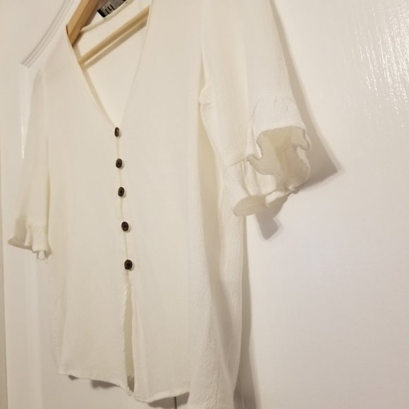 Zara TRF White Button Down Ruffle Trim Sleeve V-Neck Flowy Crop Summer Blouse - Picture 4 of 10